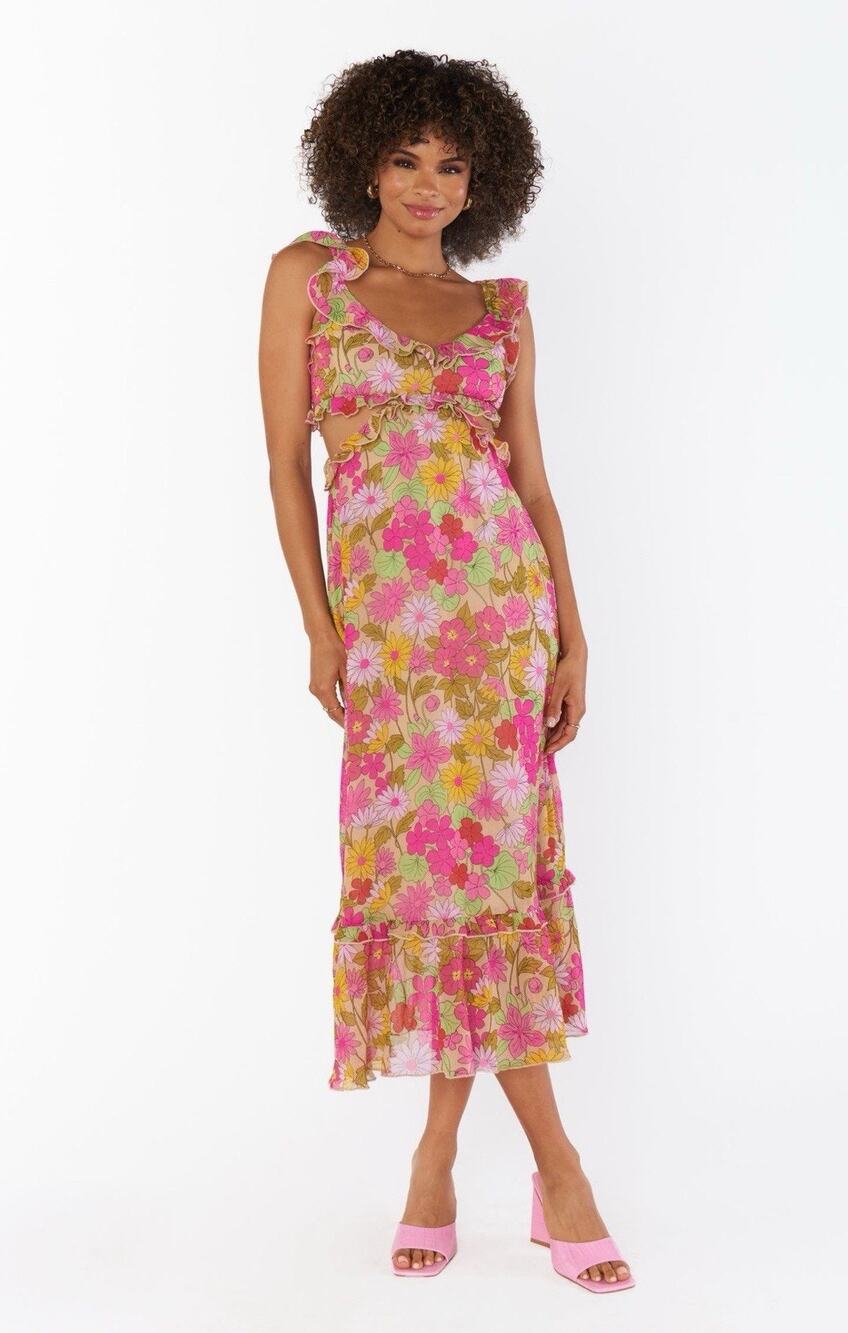 Show Me Your Mumu Size XXL Pink Floral Midi Dress Ruffle Cutout